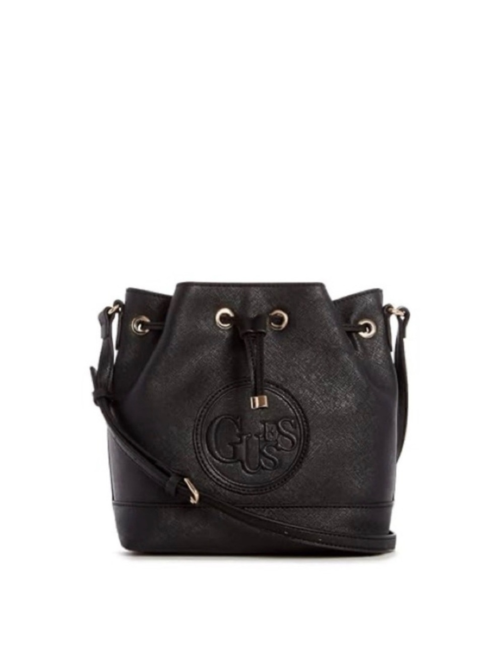 GUESS | Black Leather Embossed Logo Bucket Crossbody With Gold Accents